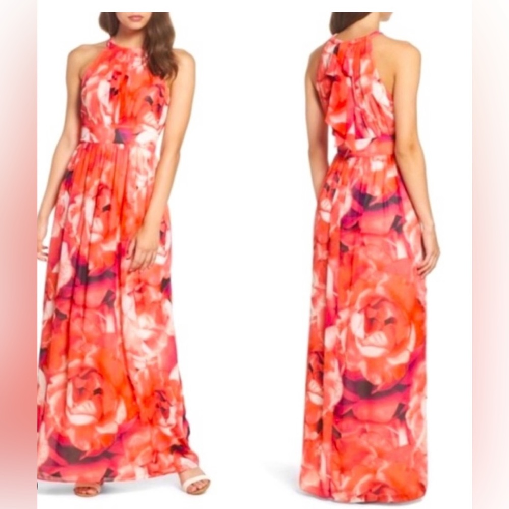 ELIZA J Orange and Pink Chiffon Maxi/Halter Dress Size 8